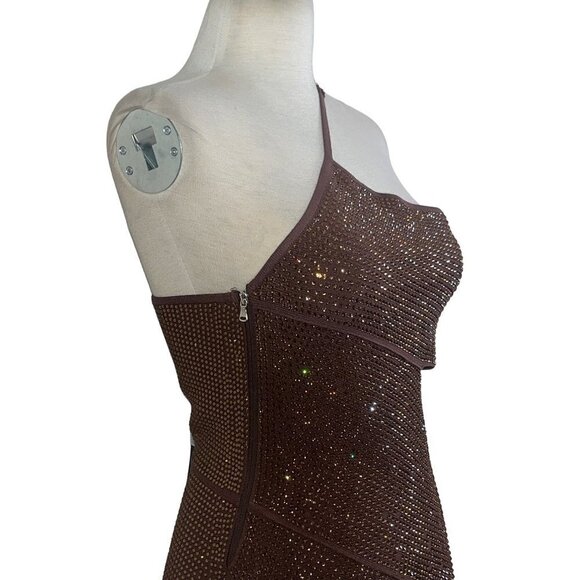 ANDREADAMO Full Strass Mono Shoulder Mini Dress in Brown Large New Womens - Picture 7 of 11